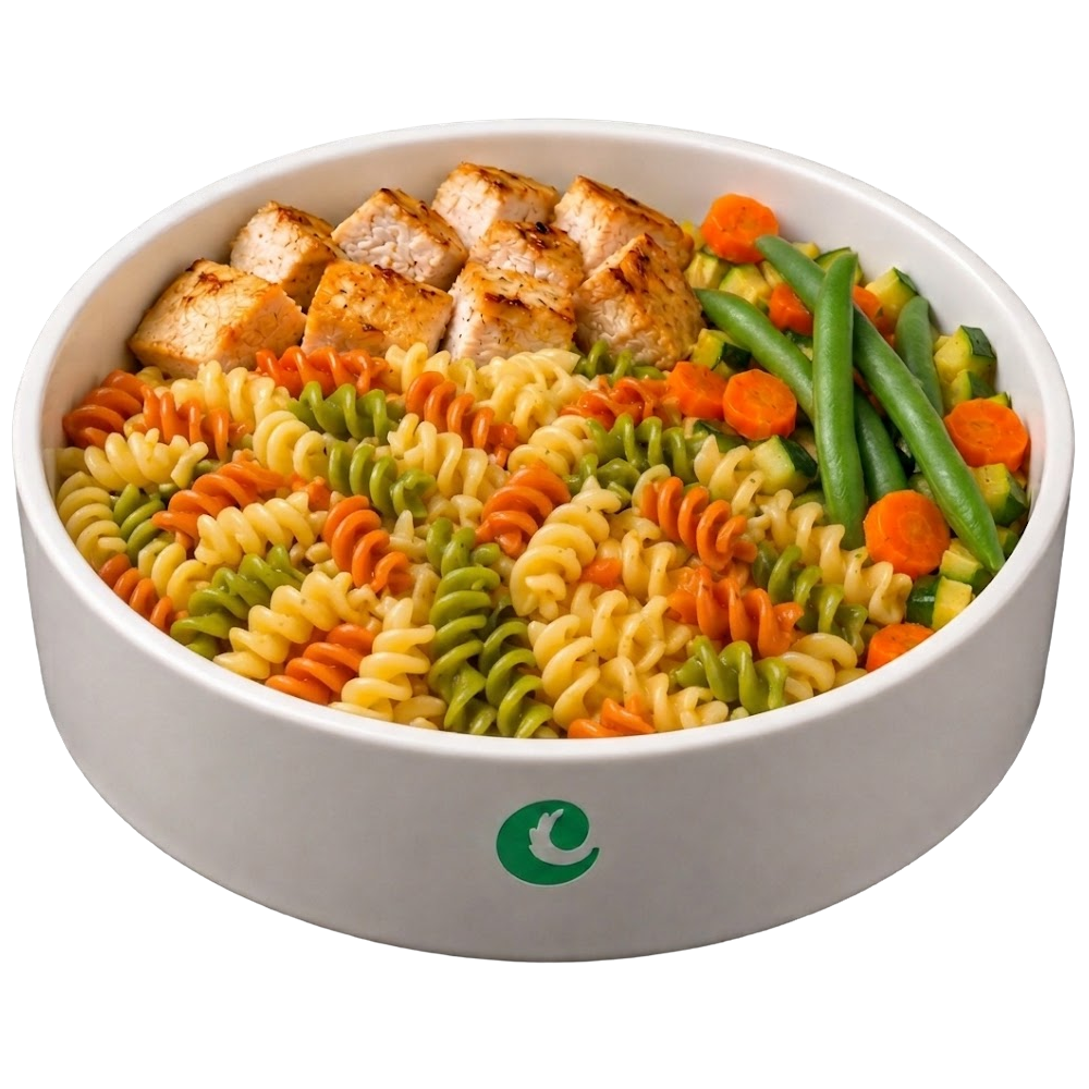 Ciuffi pasta precotta con ortaggi per cani, dettaglio prodotto e ingredienti